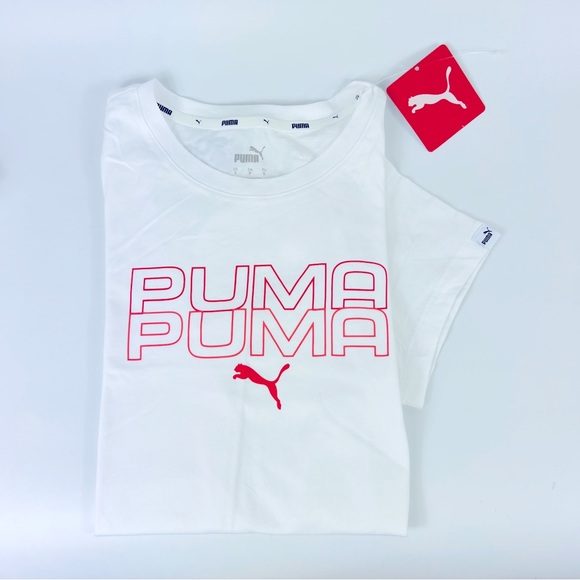 PUMA Women's White Logo Short Sleeve Tee Top Small NWT - Picture 1 of 6